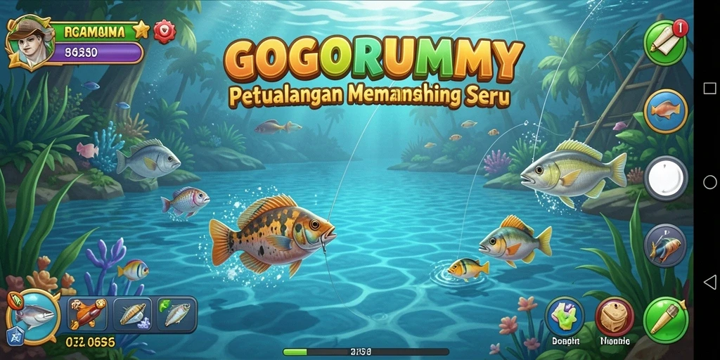 Gameplay GOGORUMMY menampilkan momen seru saat memancing berbagai ikan.