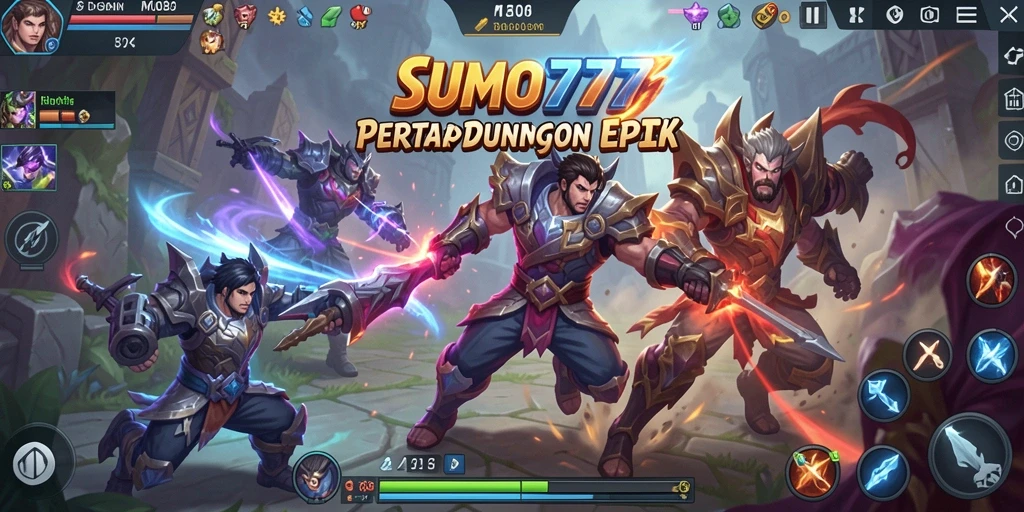 Screenshot gameplay SUMO777 menampilkan aksi pertarungan seru di arena MOBA.